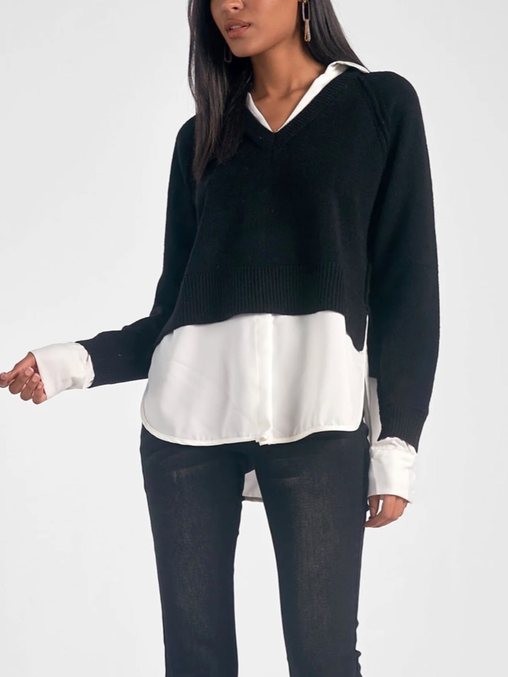 Elan Black V-Neck Layered Pullover with White Shirt Hem